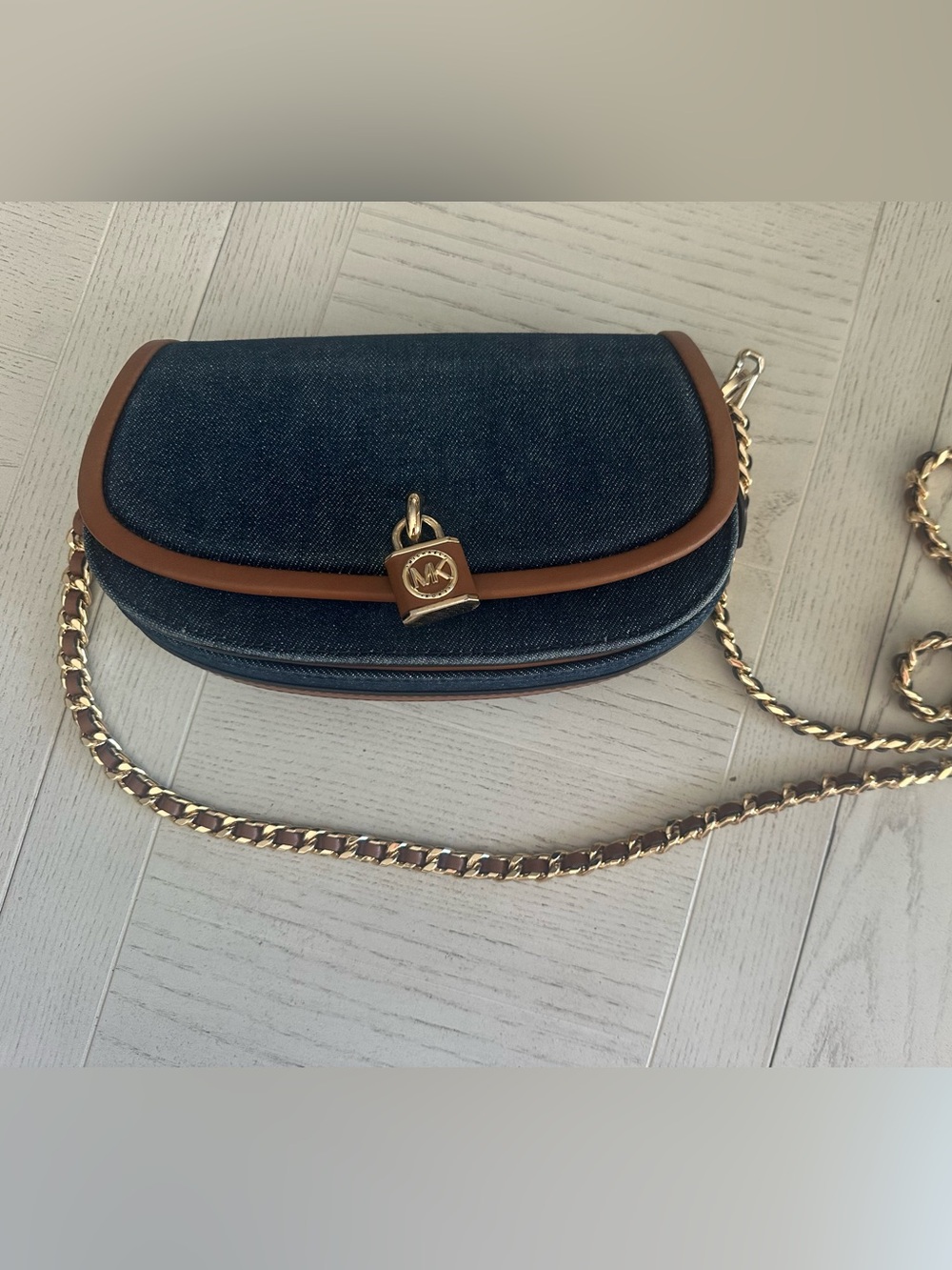 Michael Kors Navy Denim and Brown Leather-Trim Crossbody with Gold Chain
